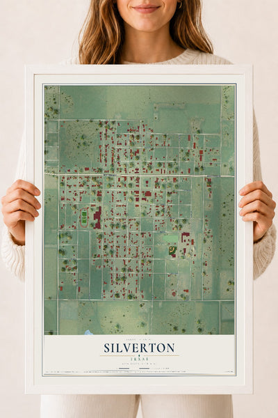 Map of Silverton, Texas, 18 x 24 inch print in a white wood frame