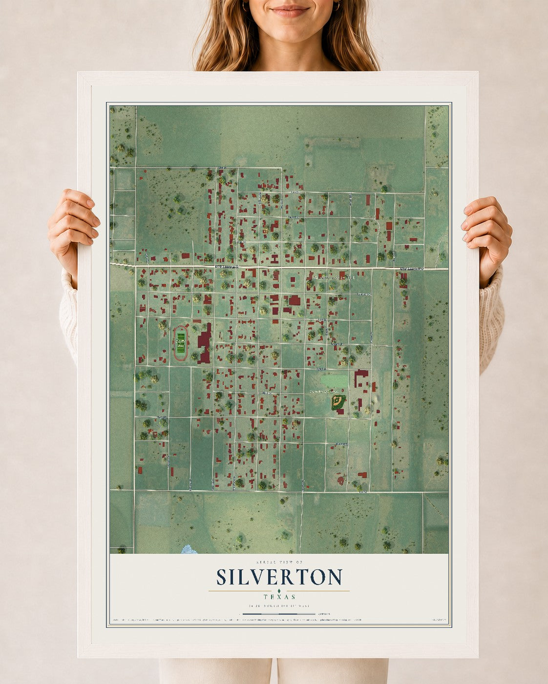 Map of Silverton, Texas, 24 x 36 inch print in a white wood frame