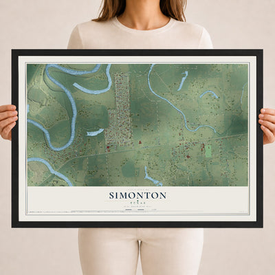 Map of Simonton, Texas, 18 x 24 inch print in a black wood frame