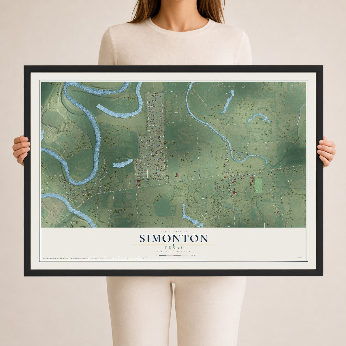 Map of Simonton, Texas, 24 x 36 inch print in a black wood frame