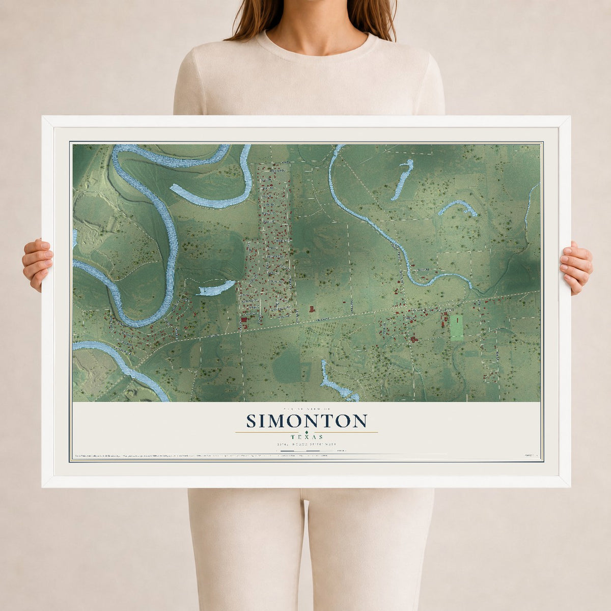 Map of Simonton, Texas, 24 x 36 inch print in a white wood frame
