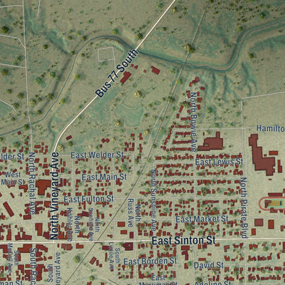 Close-up of the map of Sinton, Texas print showing street and building detail