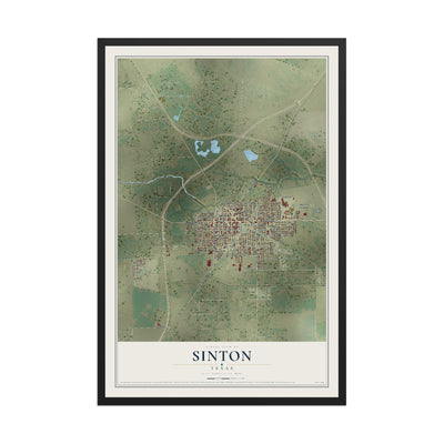 Map of Sinton, Texas, 12 x 18 inch print in a black wood frame