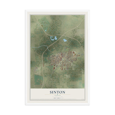 Map of Sinton, Texas, 12 x 18 inch print in a white wood frame