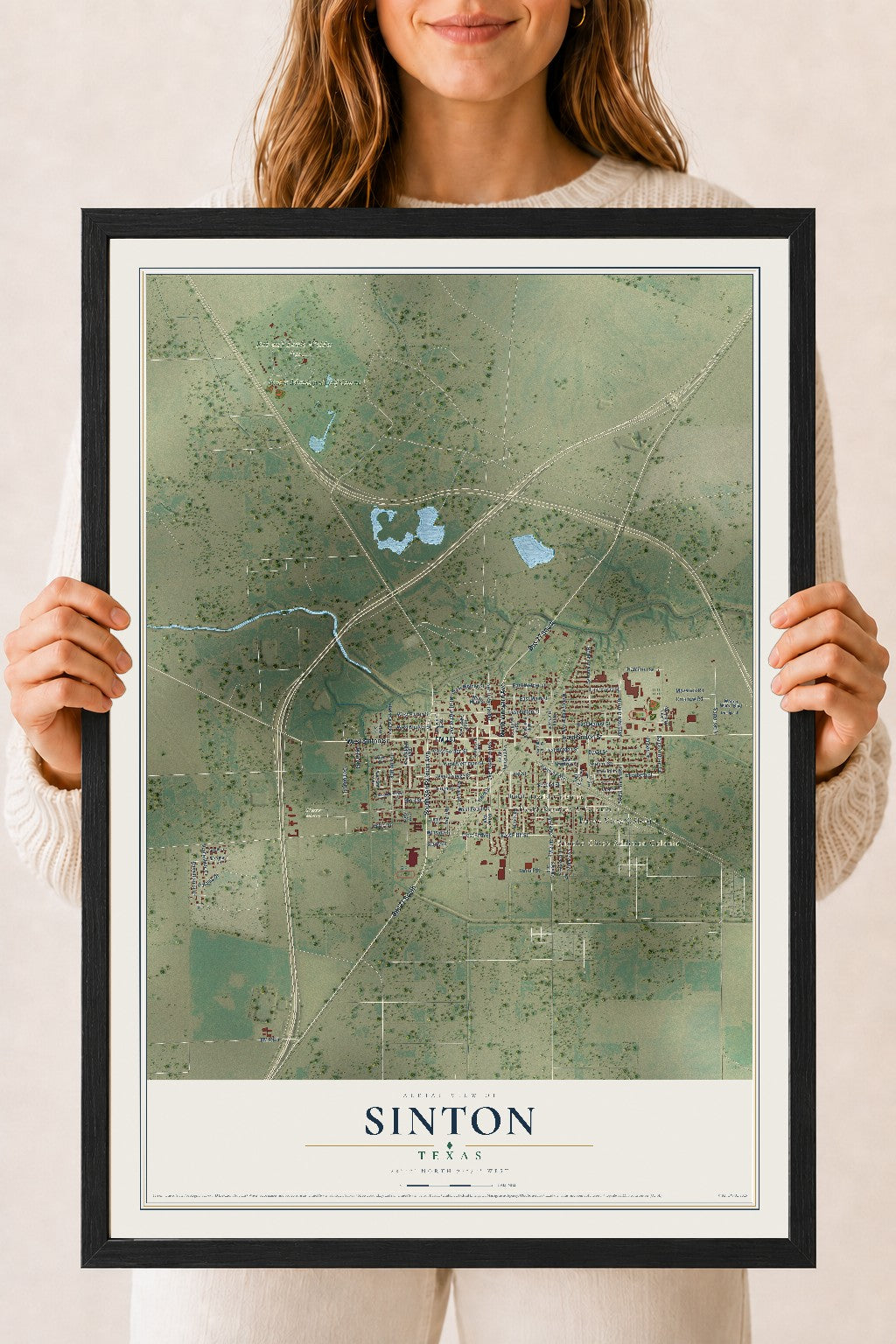 Map of Sinton, Texas, 18 x 24 inch print in a black wood frame