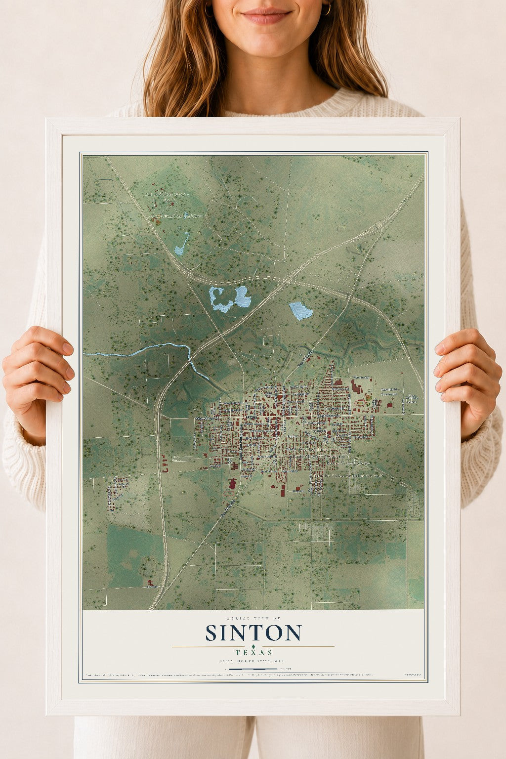 Map of Sinton, Texas, 18 x 24 inch print in a white wood frame