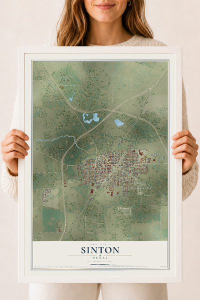 Map of Sinton, Texas, 18 x 24 inch print in a white wood frame