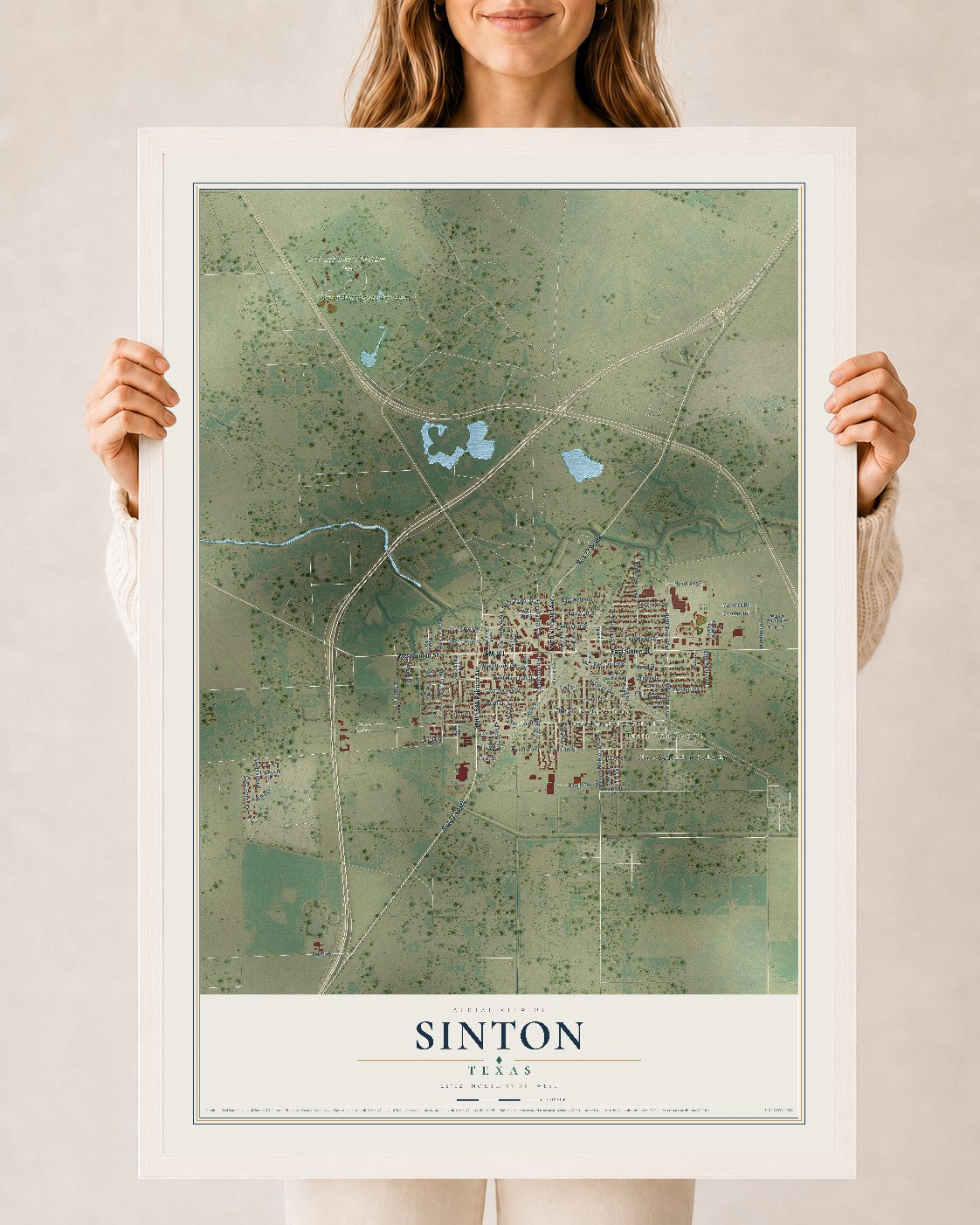 Map of Sinton, Texas, 24 x 36 inch print in a white wood frame