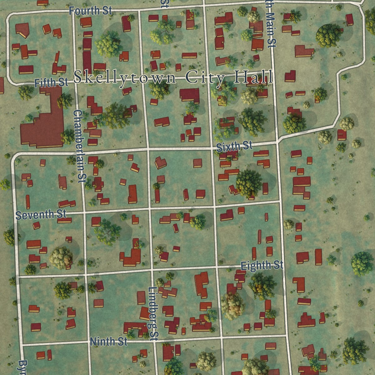 Close-up of the map of Skellytown, Texas print showing street and building detail