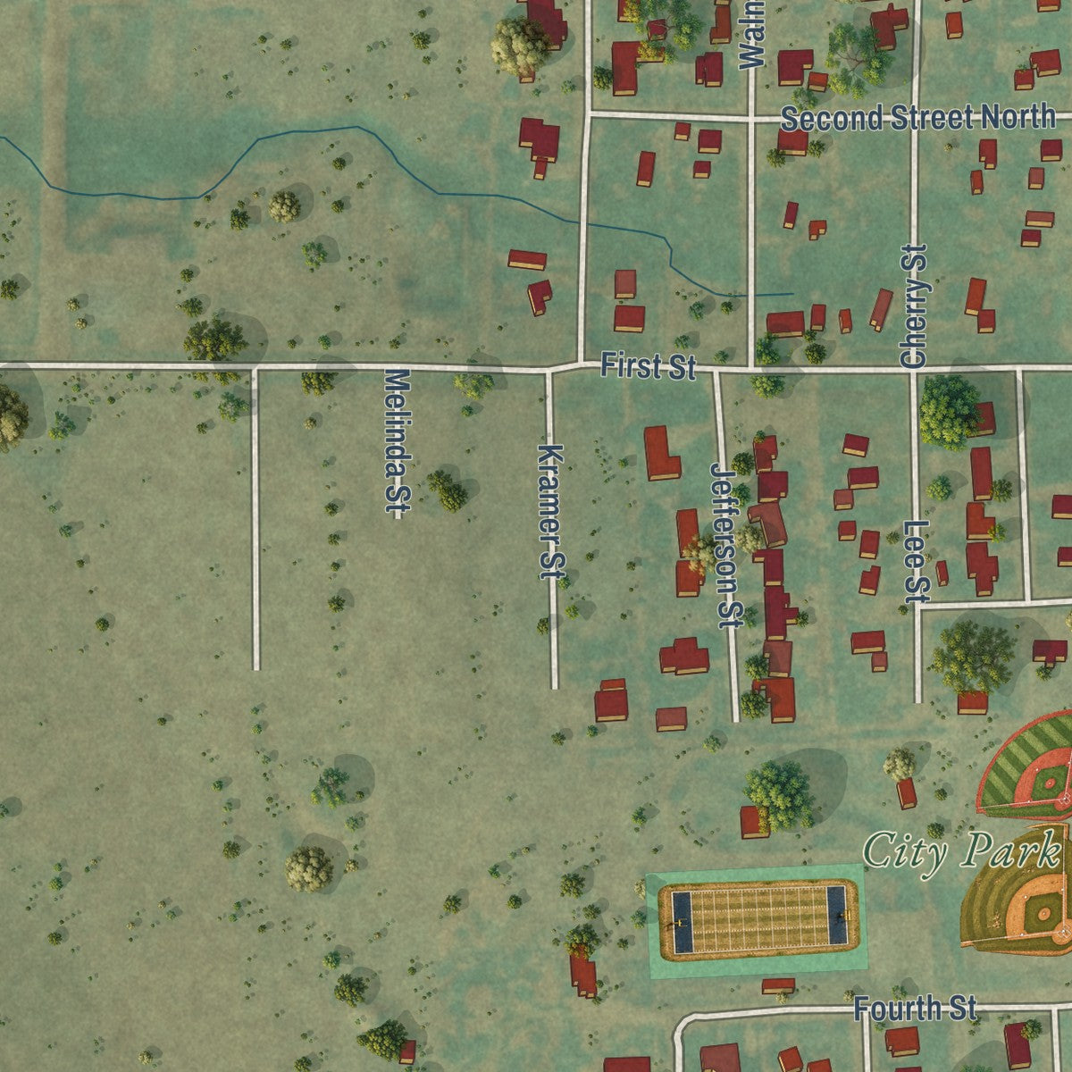 Second close-up of the map of Skellytown, Texas print showing more streets and buildings