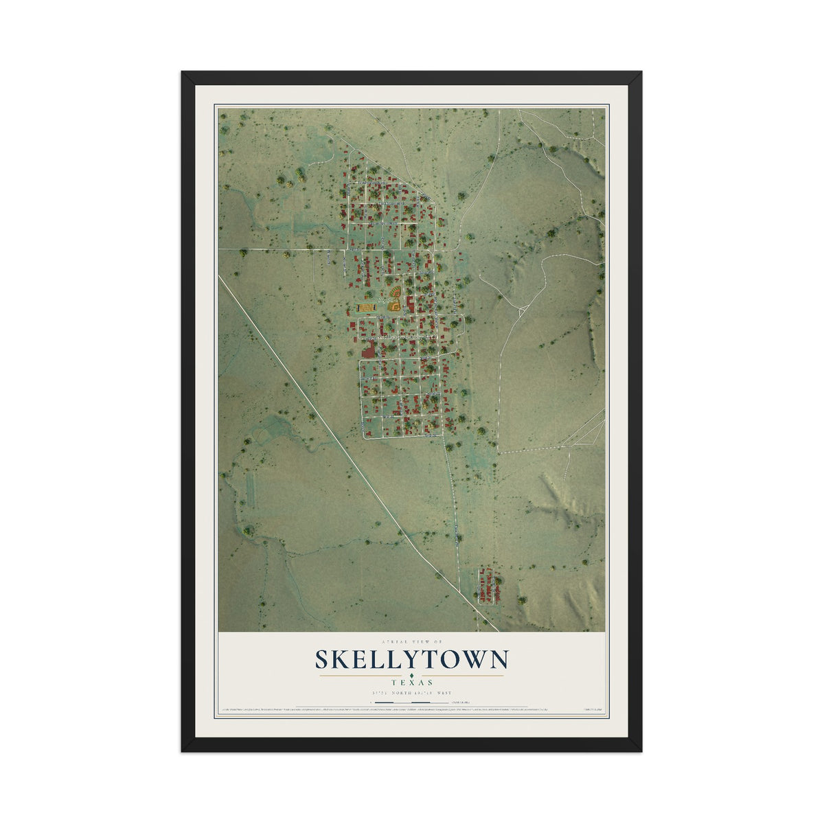 Map of Skellytown, Texas, 12 x 18 inch print in a black wood frame