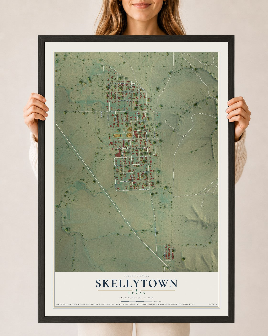Map of Skellytown, Texas, 24 x 36 inch print in a black wood frame