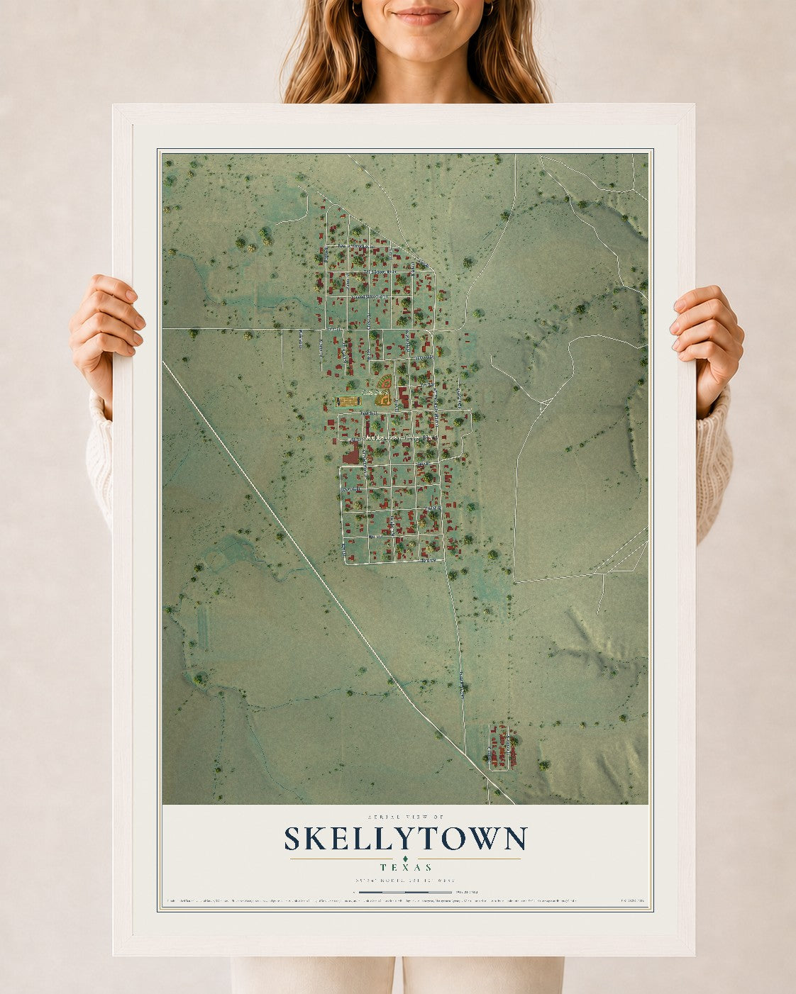 Map of Skellytown, Texas, 24 x 36 inch print in a white wood frame
