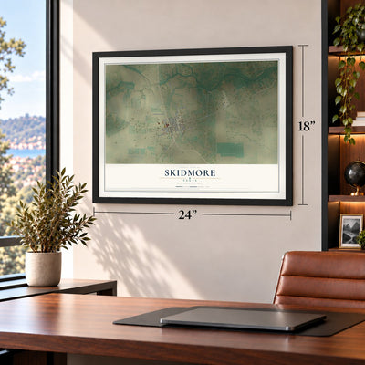 Skidmore, Texas map, 18 x 24 inch print in a black frame in a home office