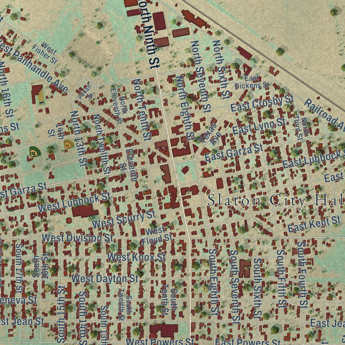 Close-up of the map of Slaton, Texas print showing street and building detail