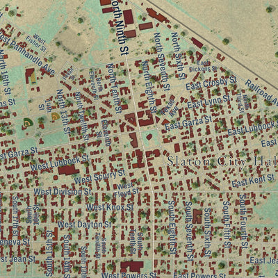 Close-up of the map of Slaton, Texas print showing street and building detail