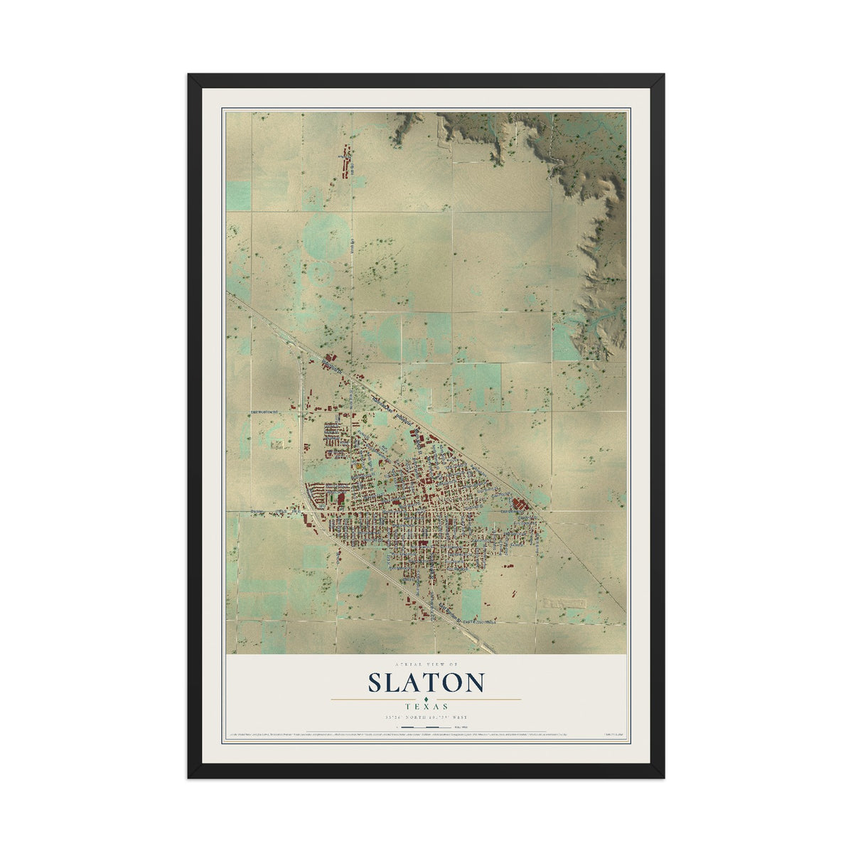 Map of Slaton, Texas, 12 x 18 inch print in a black wood frame
