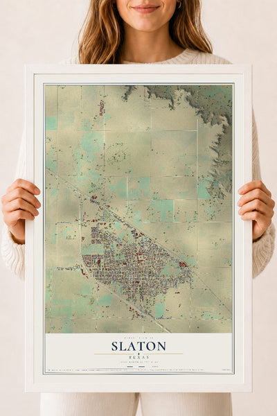 Map of Slaton, Texas, 18 x 24 inch print in a white wood frame