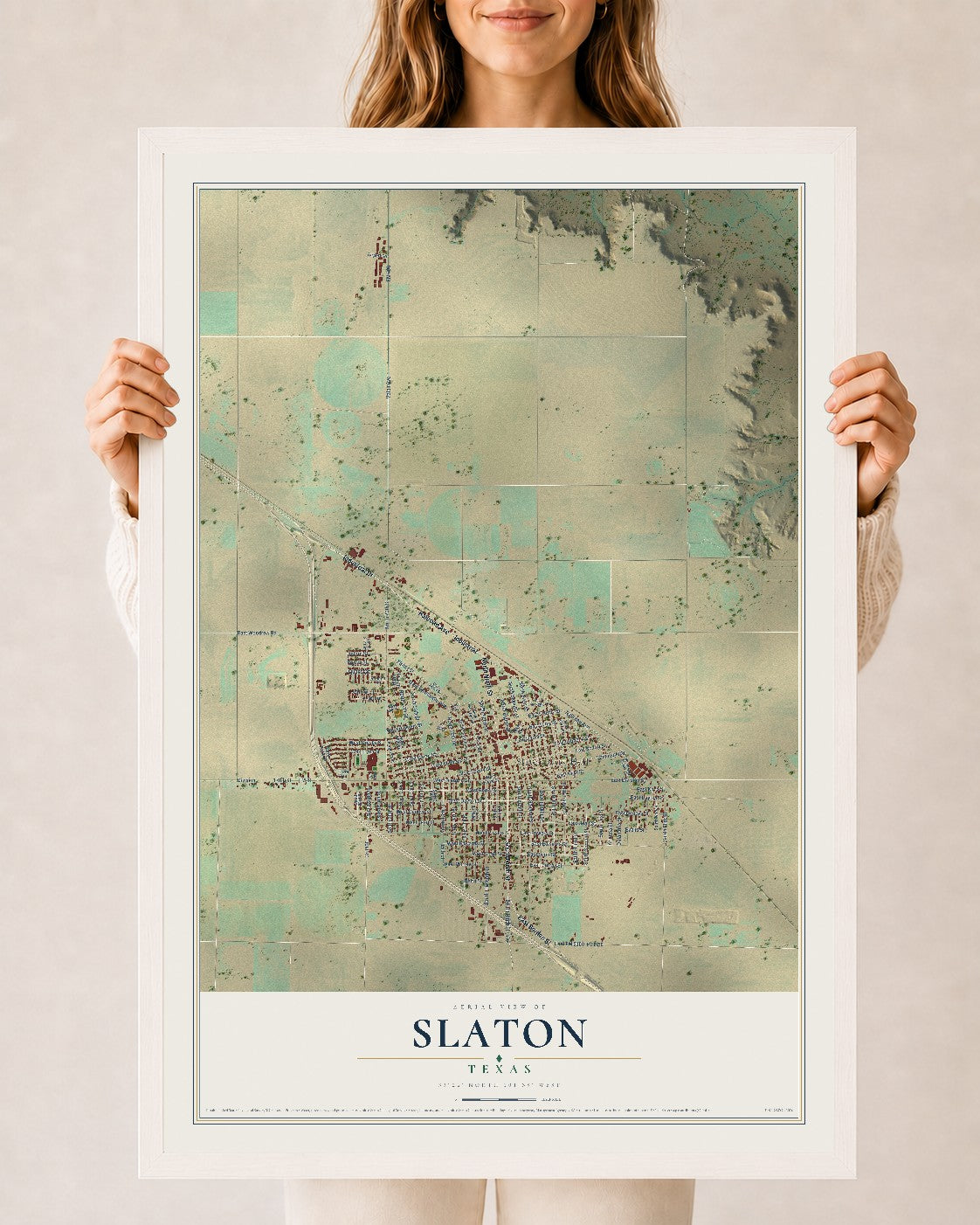 Map of Slaton, Texas, 24 x 36 inch print in a white wood frame