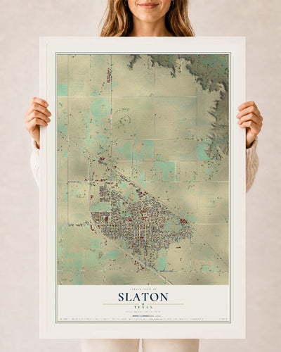 Map of Slaton, Texas, 24 x 36 inch print in a white wood frame