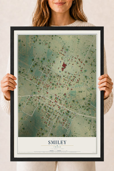 Map of Smiley, Texas, 18 x 24 inch print in a black wood frame