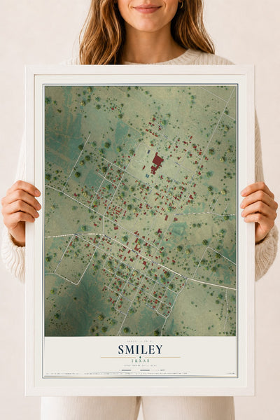 Map of Smiley, Texas, 18 x 24 inch print in a white wood frame