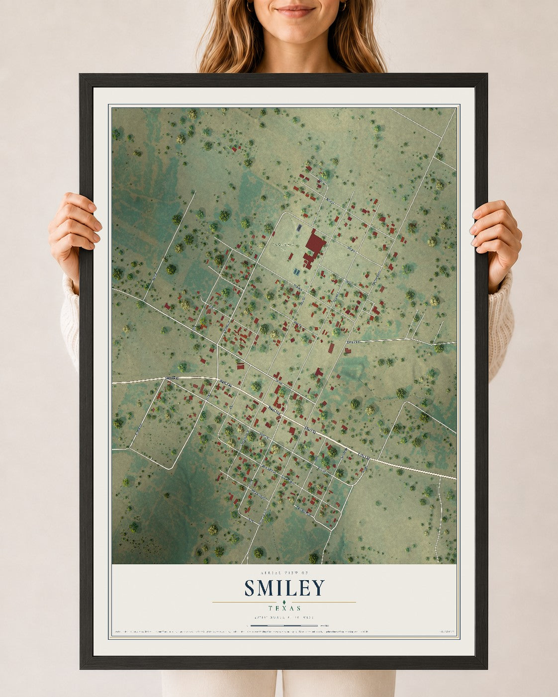 Map of Smiley, Texas, 24 x 36 inch print in a black wood frame