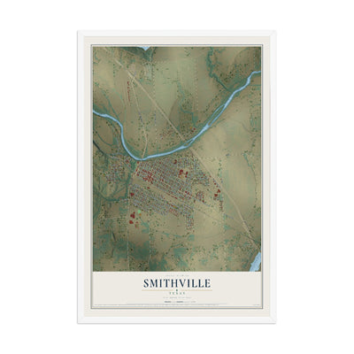 Map of Smithville, Texas, 12 x 18 inch print in a white wood frame