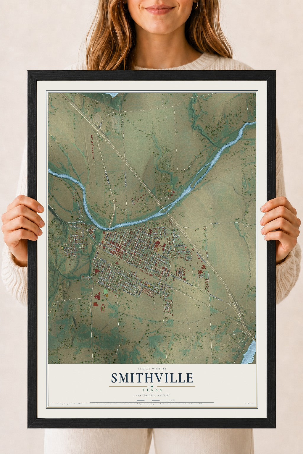Map of Smithville, Texas, 18 x 24 inch print in a black wood frame