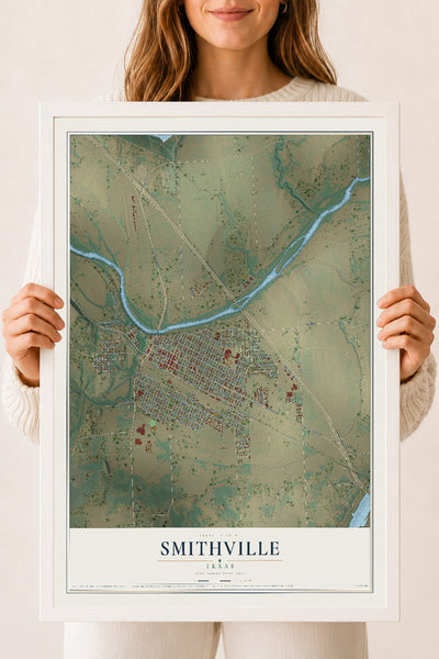 Map of Smithville, Texas, 18 x 24 inch print in a white wood frame