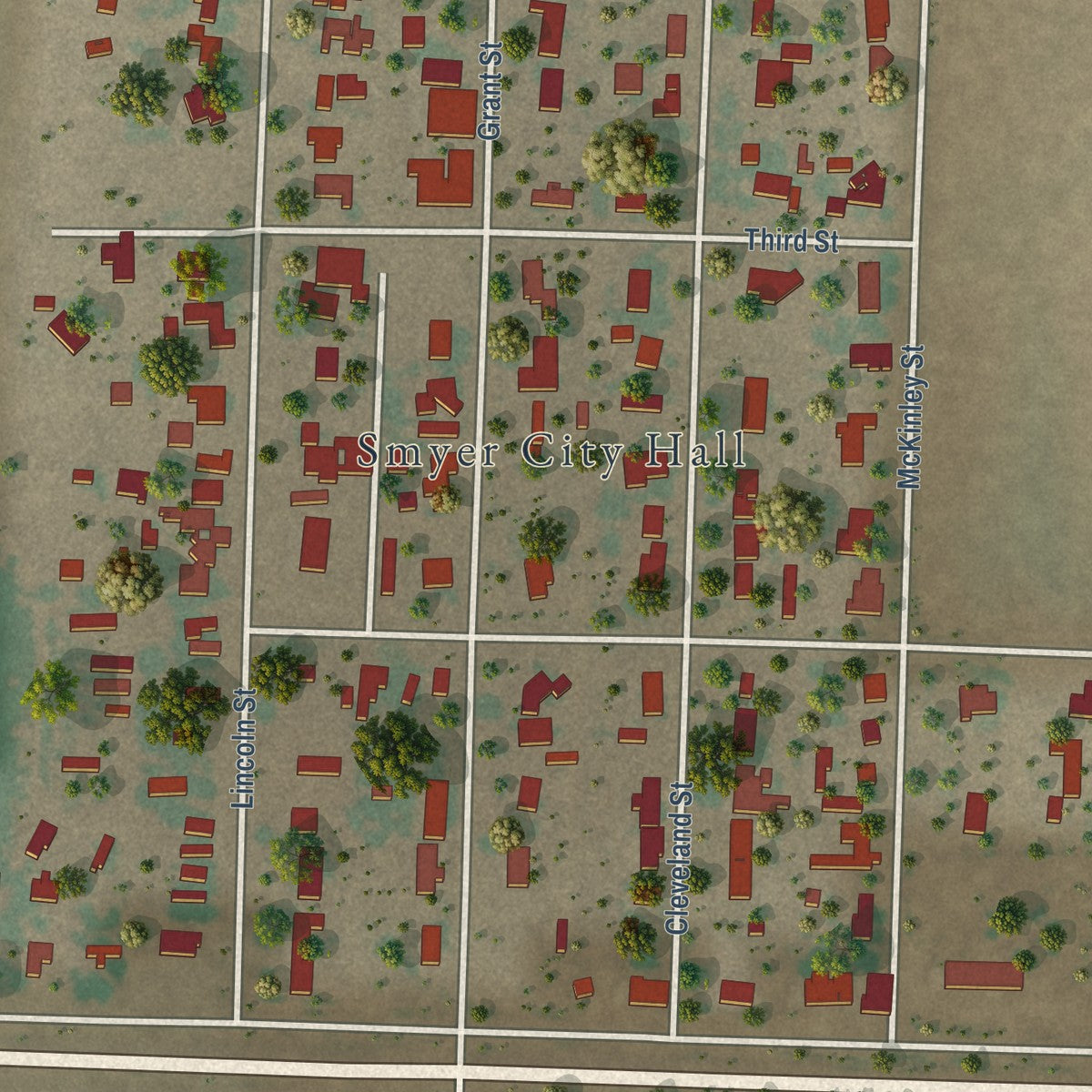 Close-up of the map of Smyer, Texas print showing street and building detail