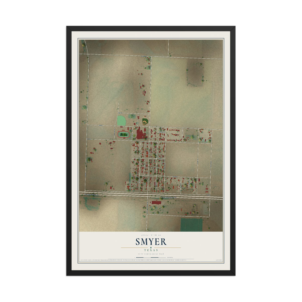 Map of Smyer, Texas, 12 x 18 inch print in a black wood frame
