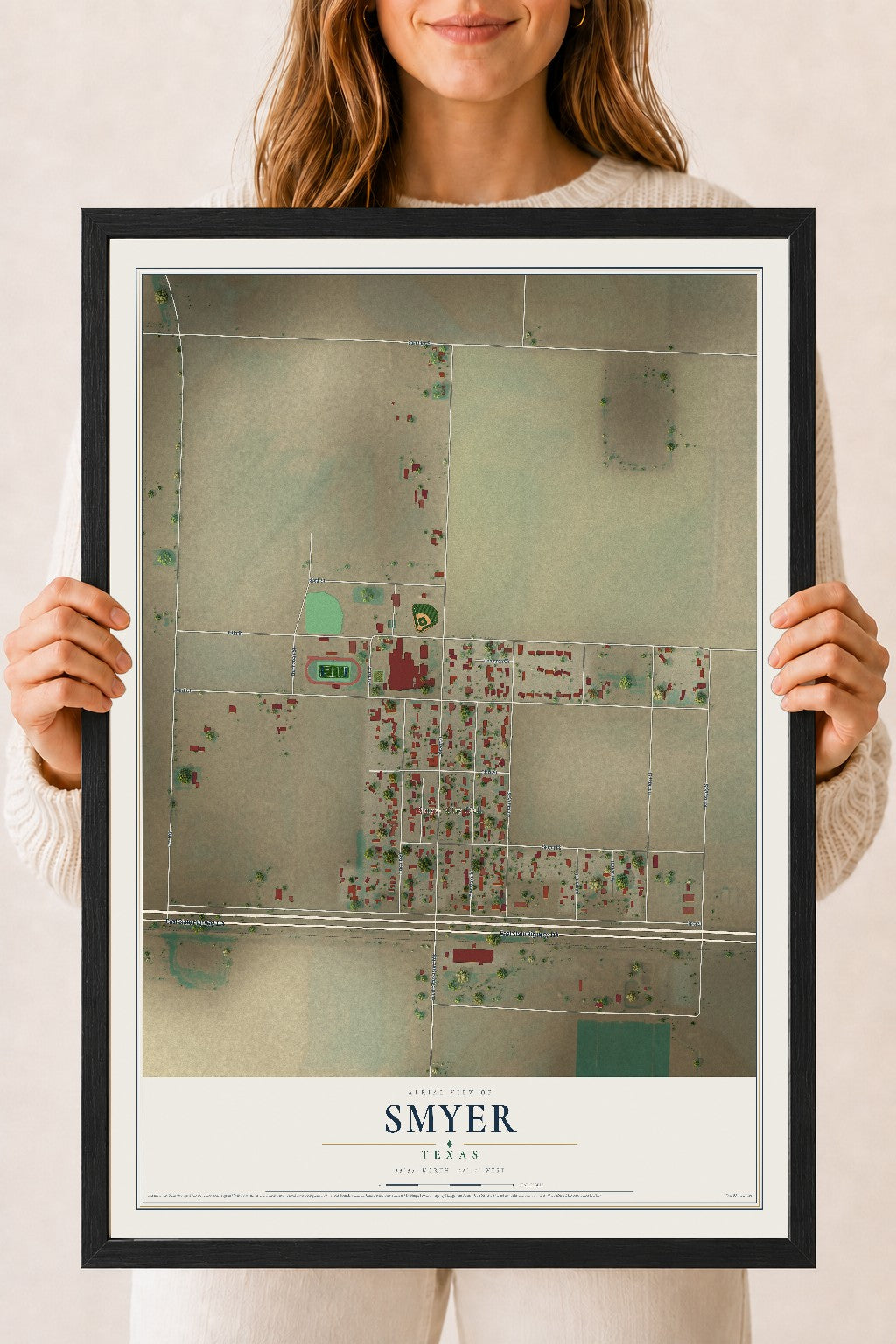 Map of Smyer, Texas, 18 x 24 inch print in a black wood frame