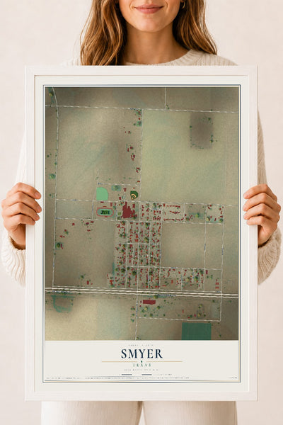 Map of Smyer, Texas, 18 x 24 inch print in a white wood frame