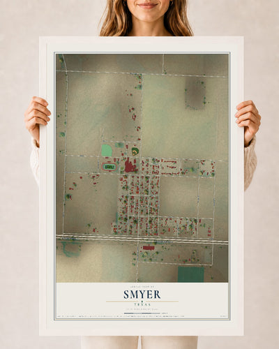 Map of Smyer, Texas, 24 x 36 inch print in a white wood frame