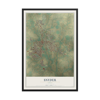 Map of Snyder, Texas, 12 x 18 inch print in a black wood frame