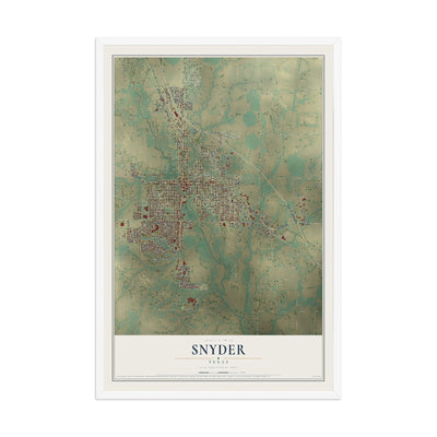 Map of Snyder, Texas, 12 x 18 inch print in a white wood frame