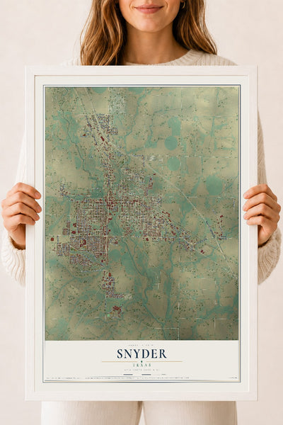 Map of Snyder, Texas, 18 x 24 inch print in a white wood frame