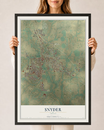 Map of Snyder, Texas, 24 x 36 inch print in a black wood frame