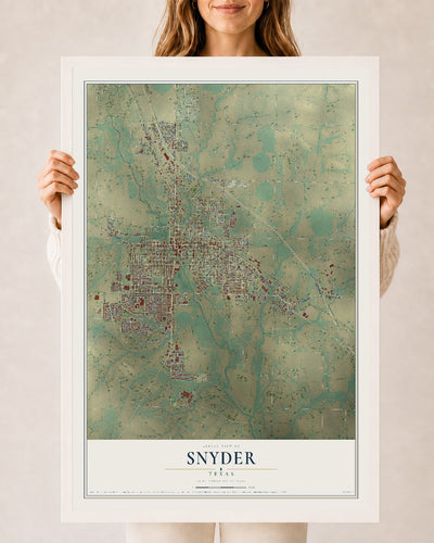 Map of Snyder, Texas, 24 x 36 inch print in a white wood frame