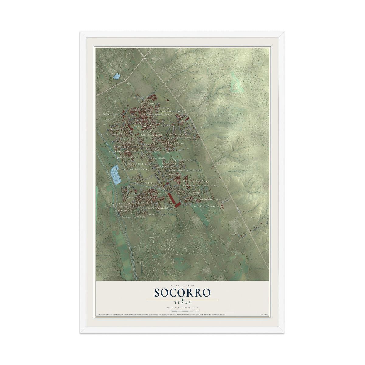 Map of Socorro, Texas, 12 x 18 inch print in a white wood frame