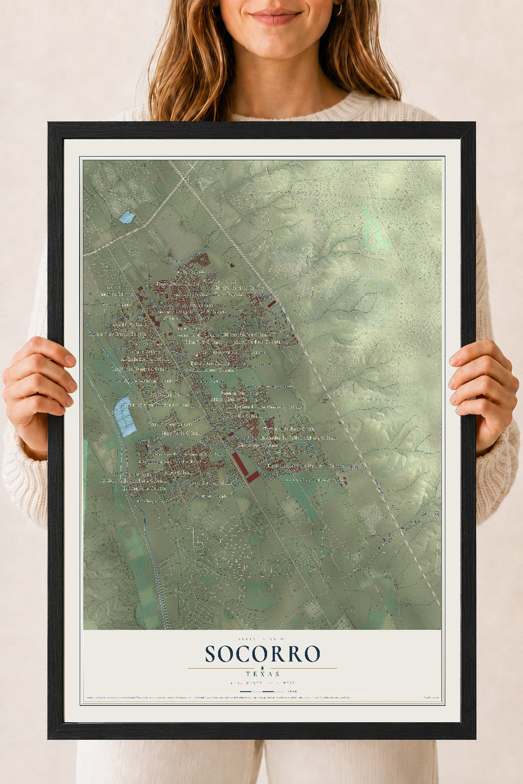 Map of Socorro, Texas, 18 x 24 inch print in a black wood frame