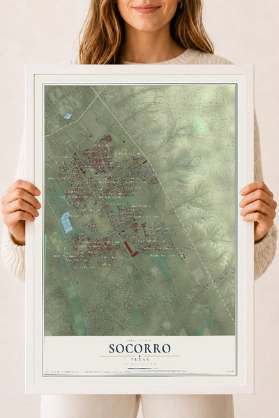 Map of Socorro, Texas, 18 x 24 inch print in a white wood frame