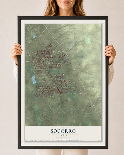 Map of Socorro, Texas, 24 x 36 inch print in a black wood frame
