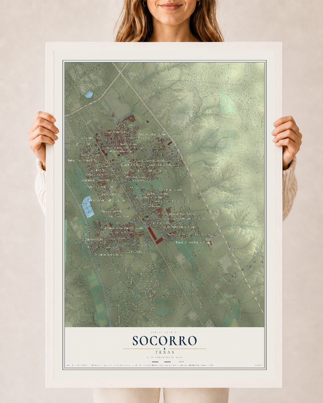 Map of Socorro, Texas, 24 x 36 inch print in a white wood frame