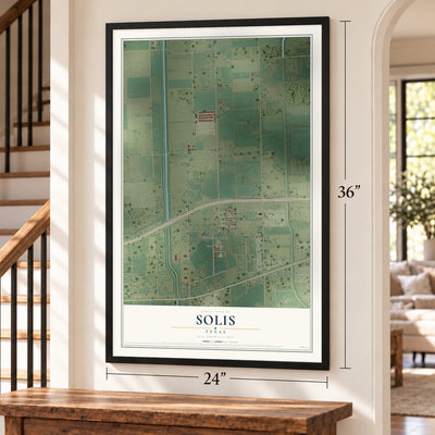 Solis, Texas map, 24 x 36 inch print in a black frame by a staircase