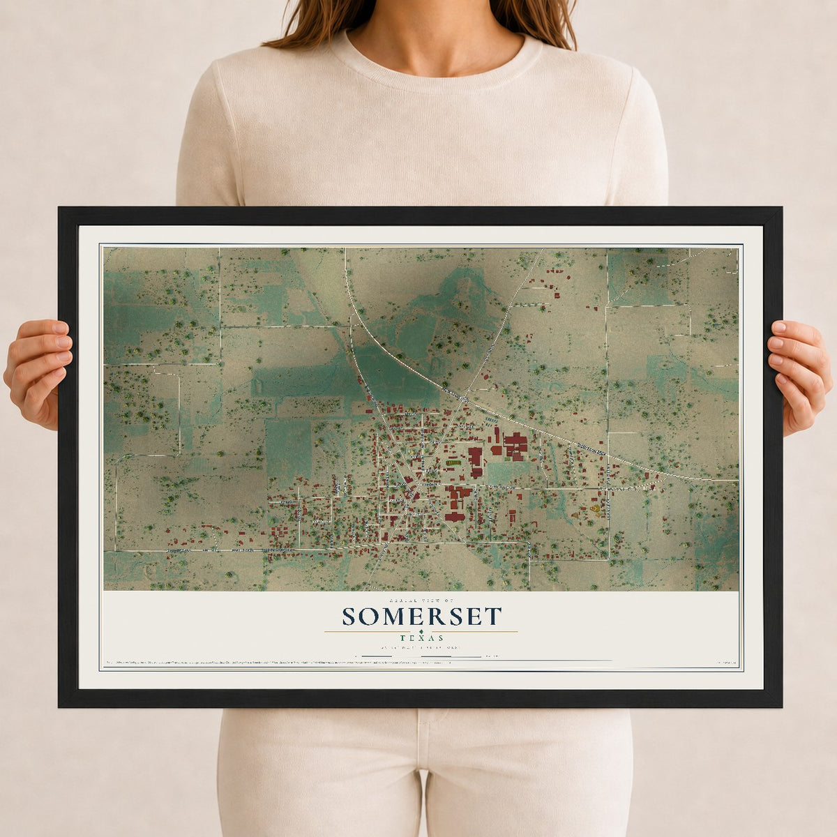 Map of Somerset, Texas, 12 x 18 inch print in a black wood frame