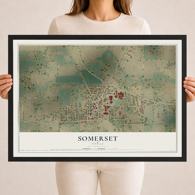 Map of Somerset, Texas, 18 x 24 inch print in a black wood frame