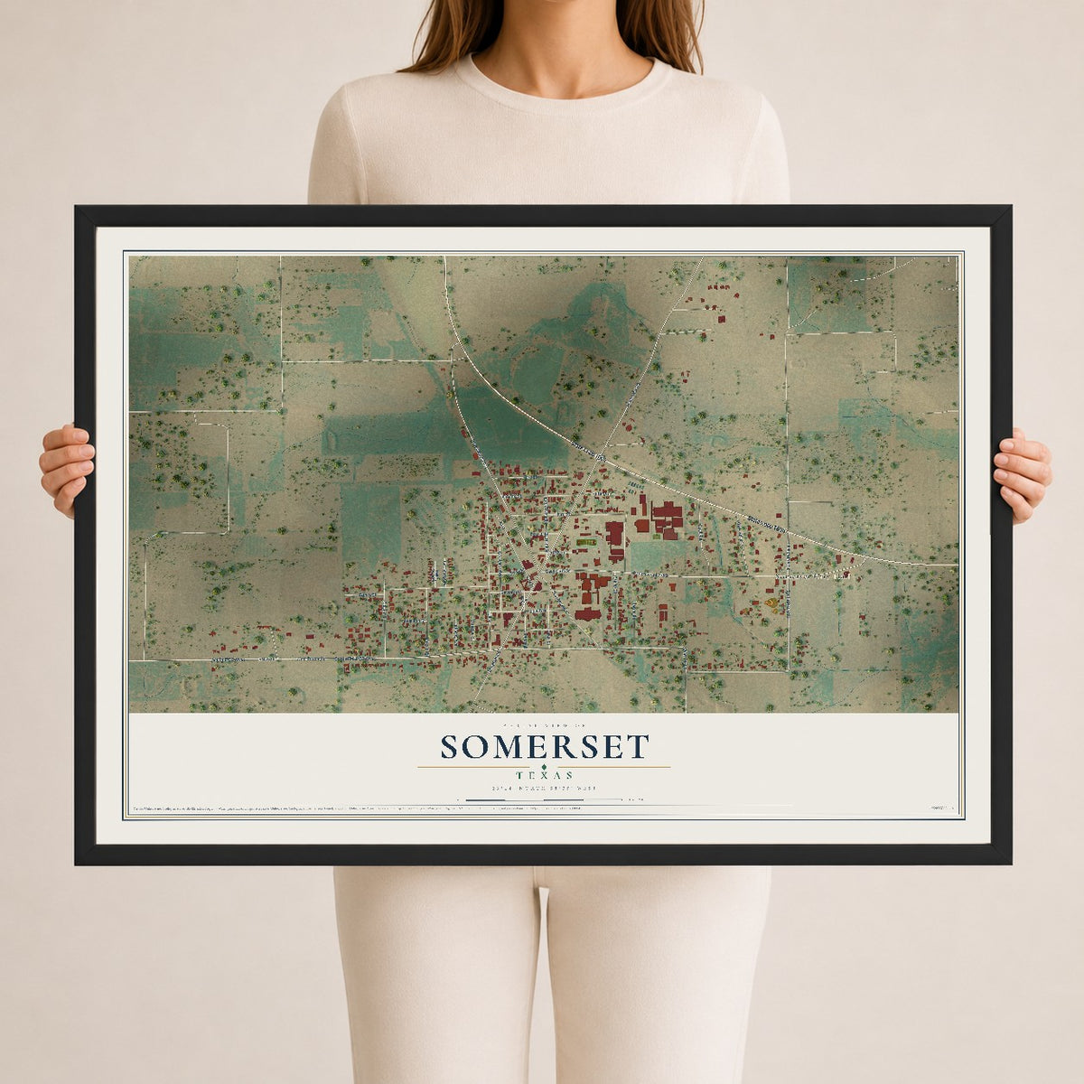 Map of Somerset, Texas, 24 x 36 inch print in a black wood frame