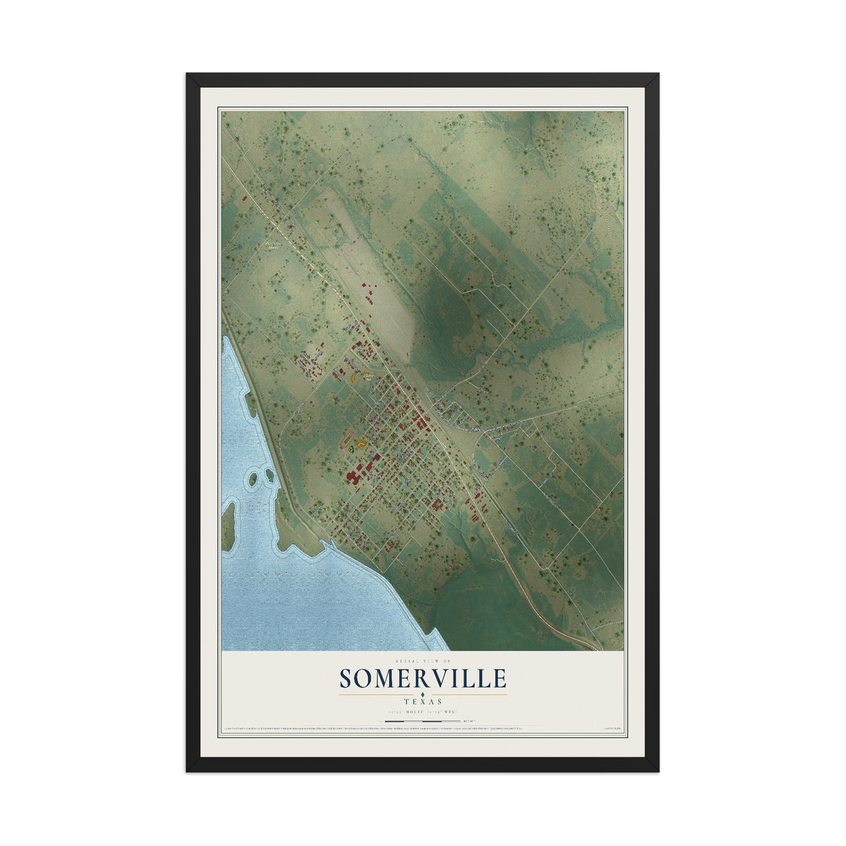Map of Somerville, Texas, 12 x 18 inch print in a black wood frame
